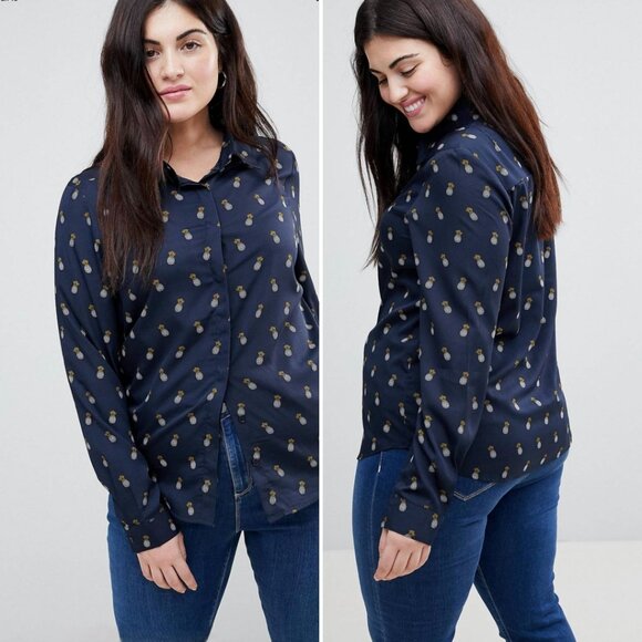 ASOS Brave Soul Pineapple-Print Button-Up Shirt in Navy - Picture 1 of 8